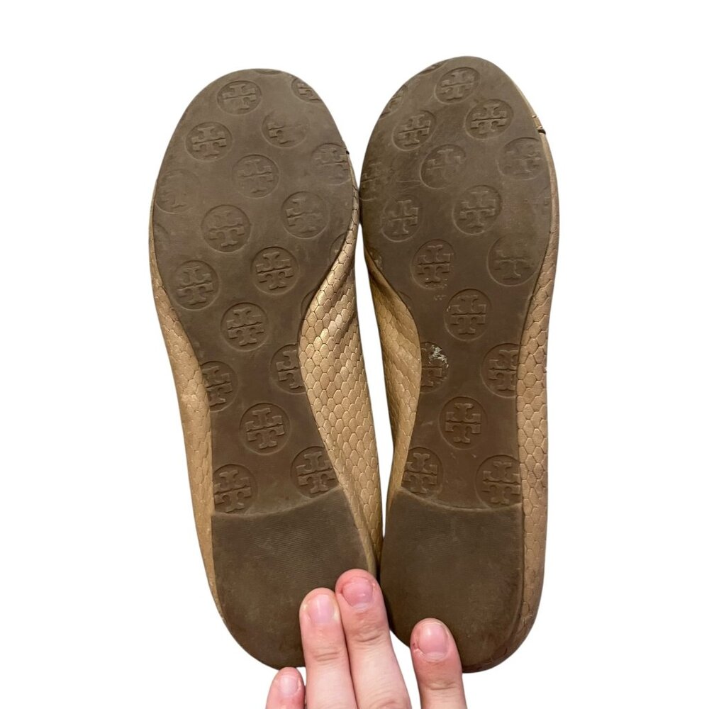 Tory Burch Tan Reva Ballet Flats Womens Size 8 Snake Embossed Leather Gold Logo - Picture 6 of 6